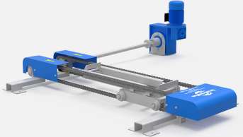 Automatic pusher for conveyor-type line in action